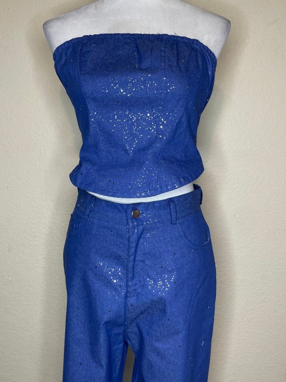 Y2K Sparkle Denim Two Piece Set Glitter Strapless Crop Top Straight Leg Pants S - Picture 4 of 13